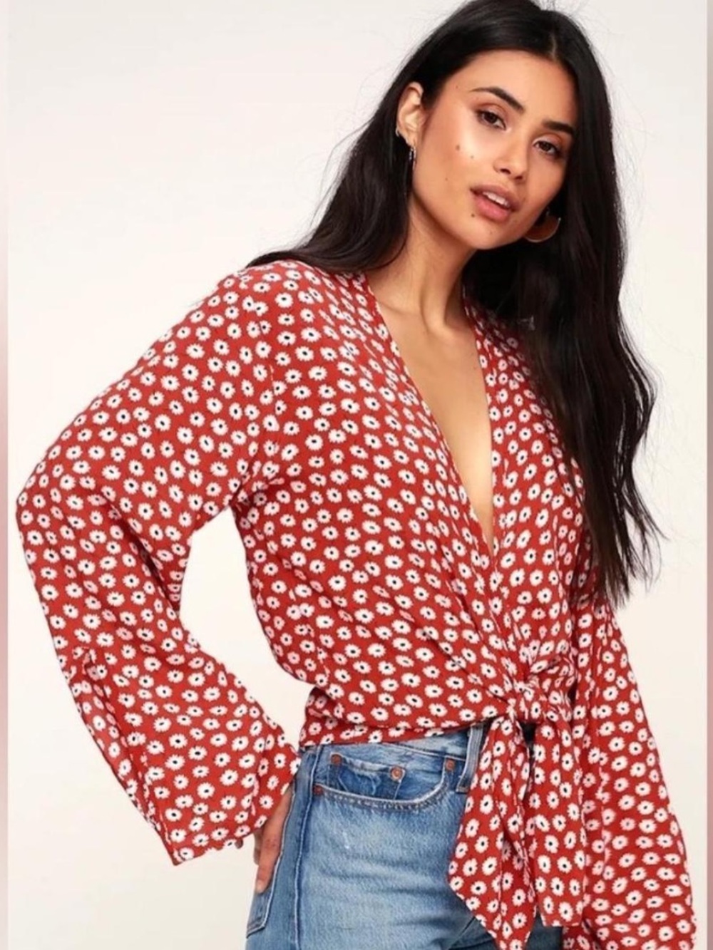 Faithfully The Brand Red Floral Tie-Front Blouse